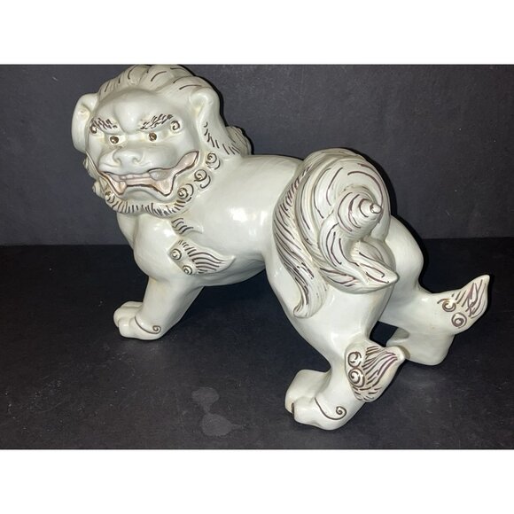 Vtg Foo Dog Japan White Gold Temple Lion Porcelain Asian 8x12" - Picture 3 of 9